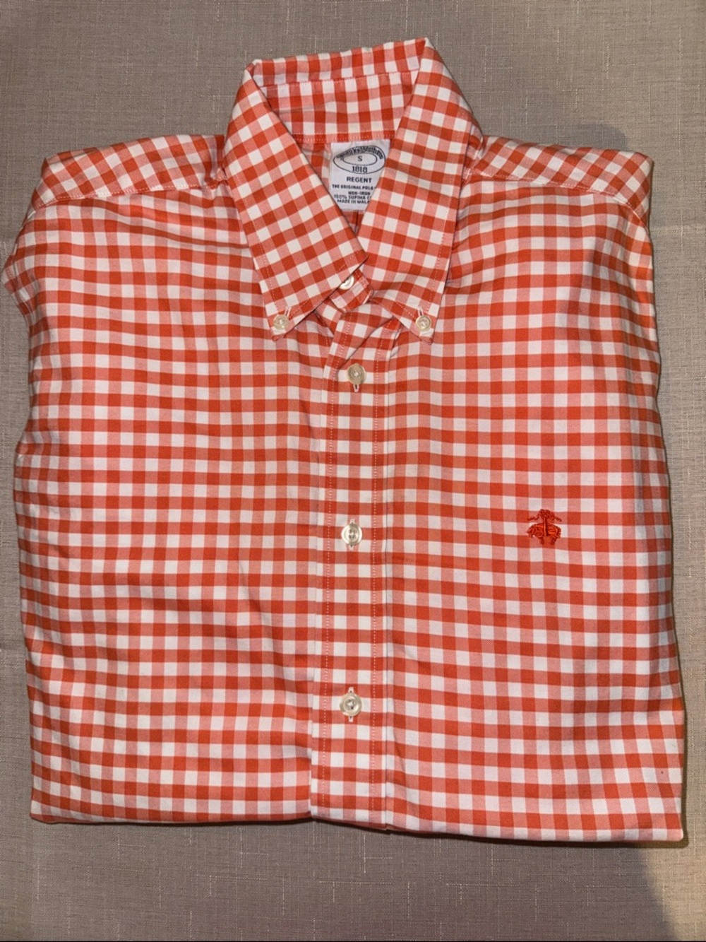 Brooks Brothers Orange and White Gingham Regent Fit Button-Down Shirt